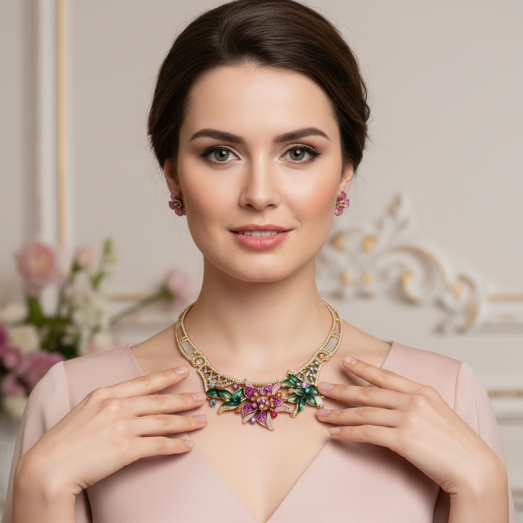 Parure avec grande fleur rose strass et émail nacrelune.com parure