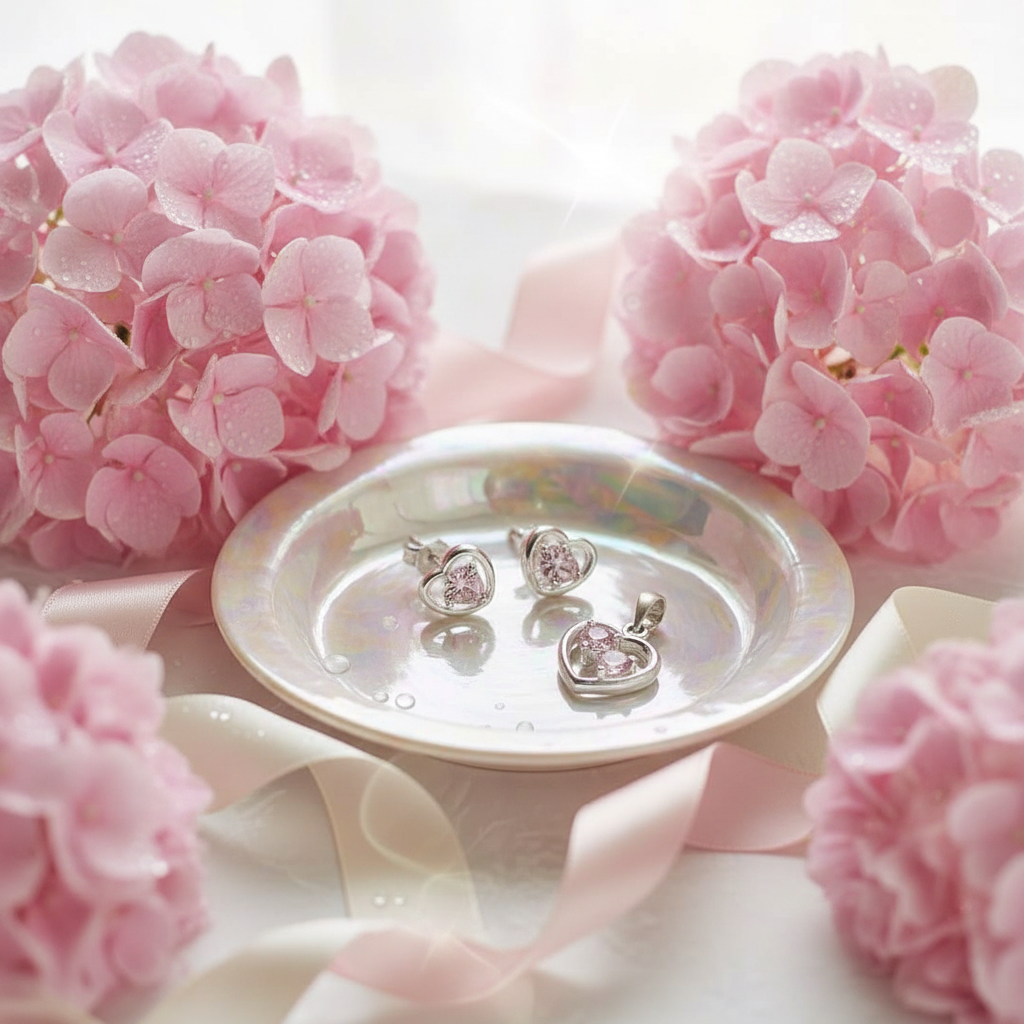 Petite parure coeurs strass roses nacrelune.com parure