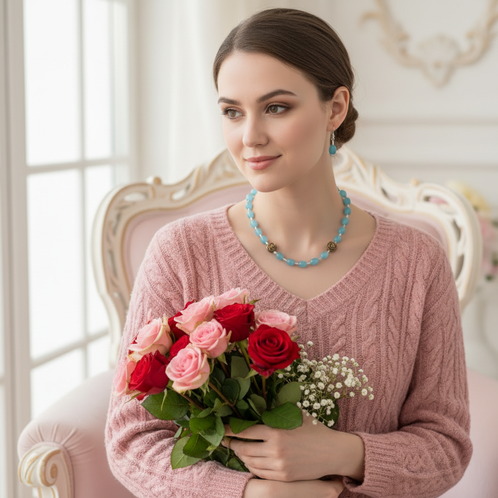 parure en perles de quartz bleus et fleurs sculptées en oeil du tigre nacrelune.com parure