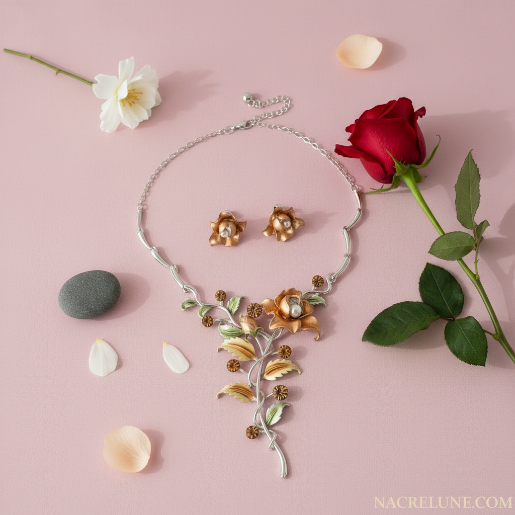 Parure fleurs en émail jaune orangé nacrelune.com parure