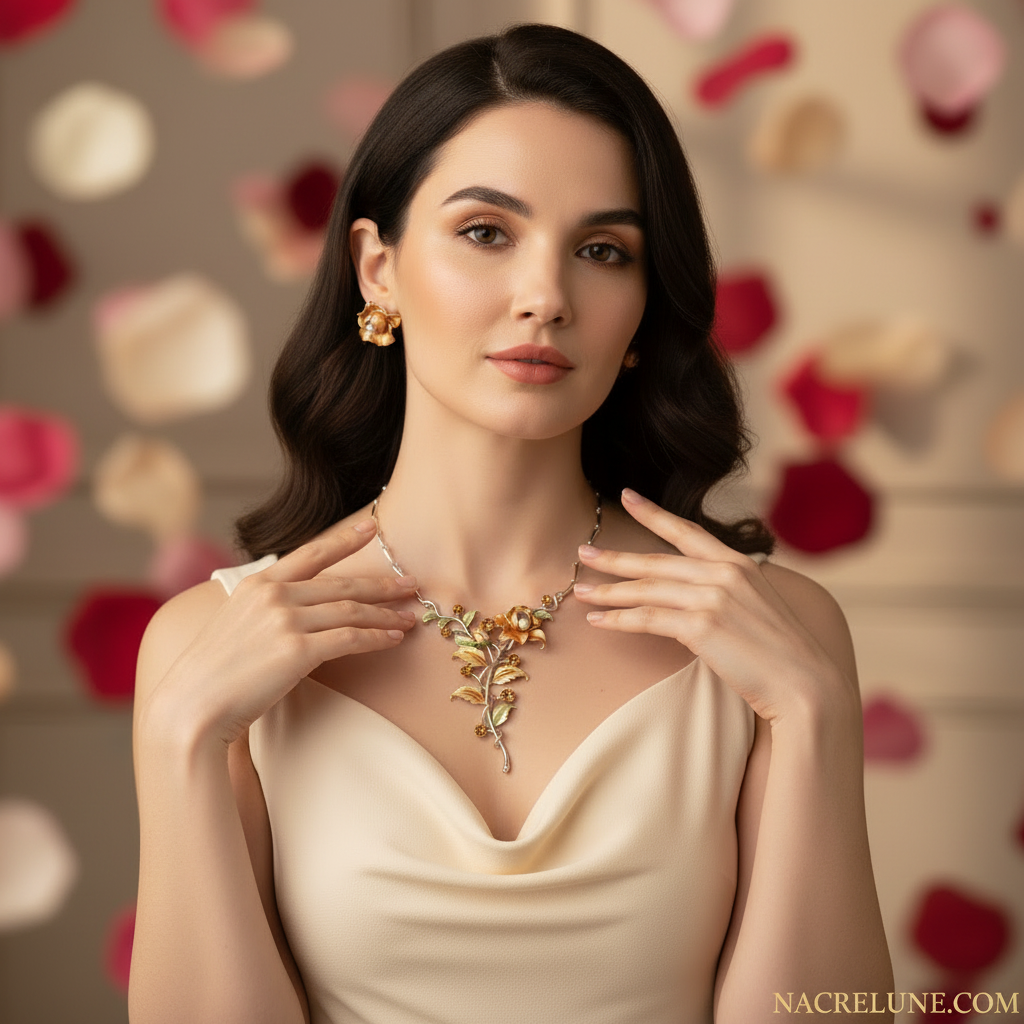 Parure fleurs en émail jaune orangé nacrelune.com parure
