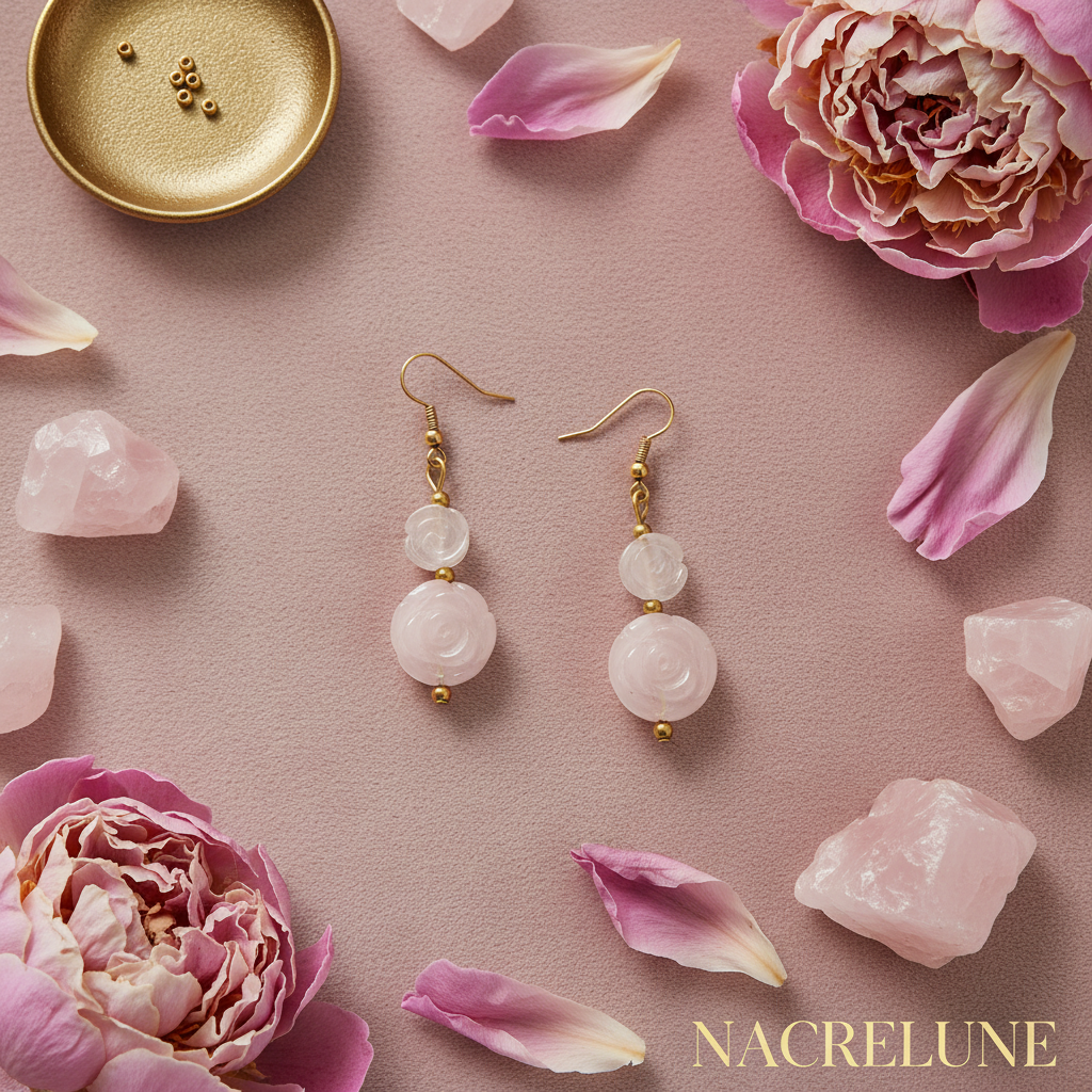 Boucles d'oreille quartz rose en forme de fleurs – Bijou lithothérapie & douceur florale nacrelune.com boucles d'oreille