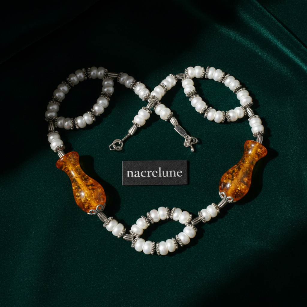 Collier en perles culture avec perles d'ambres pressé nacrelune.com parure