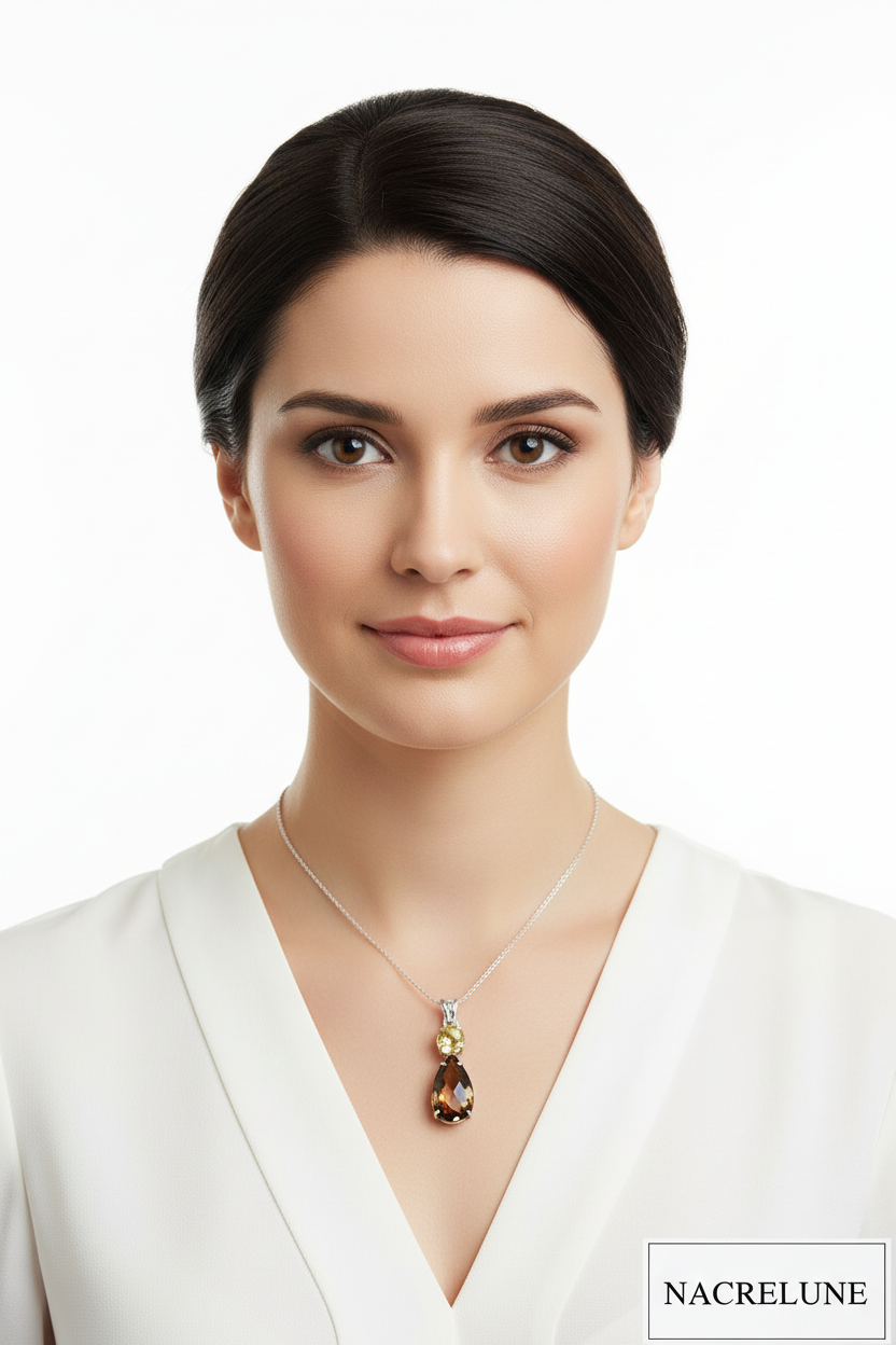 Pendentif en argent 925 avec citrine et quartz fumé taillés nacrelune.com collier