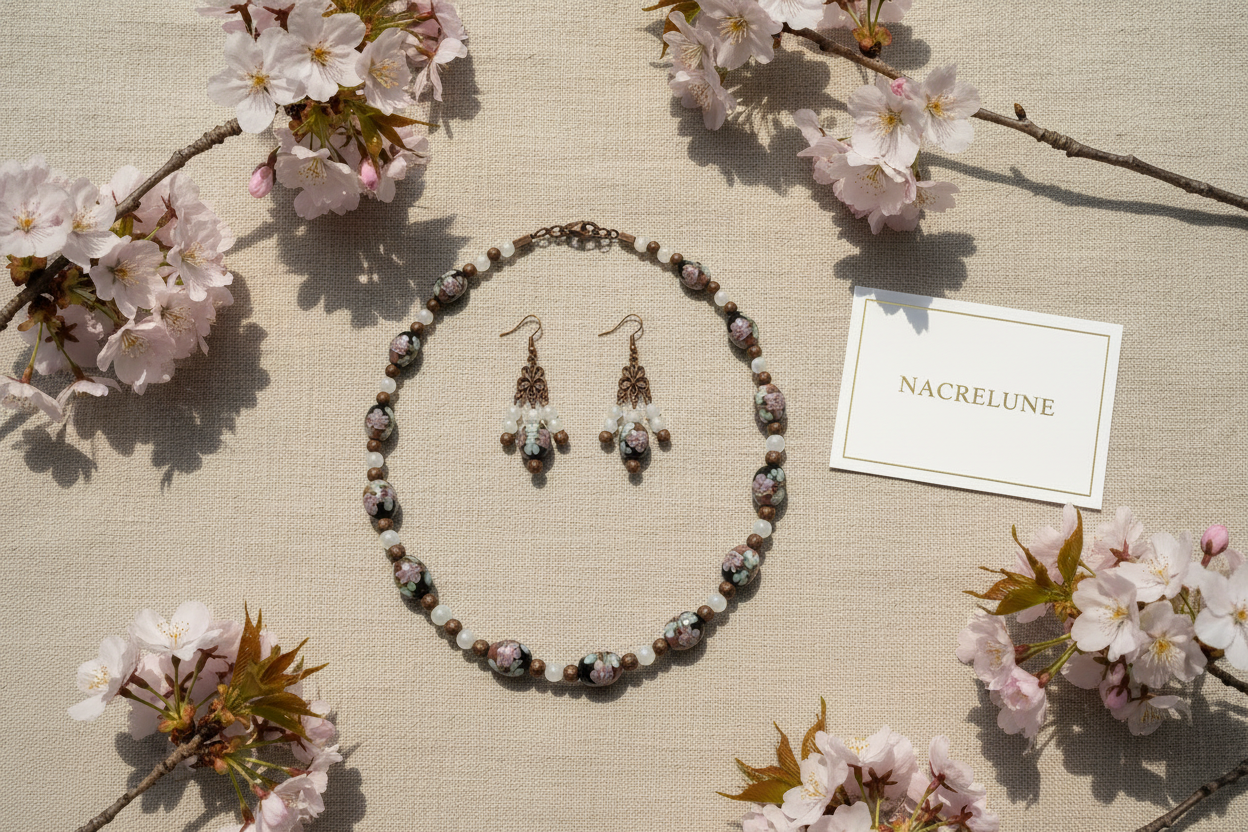 Parure en perles de verre fleuries Mauve nacrelune.com parure