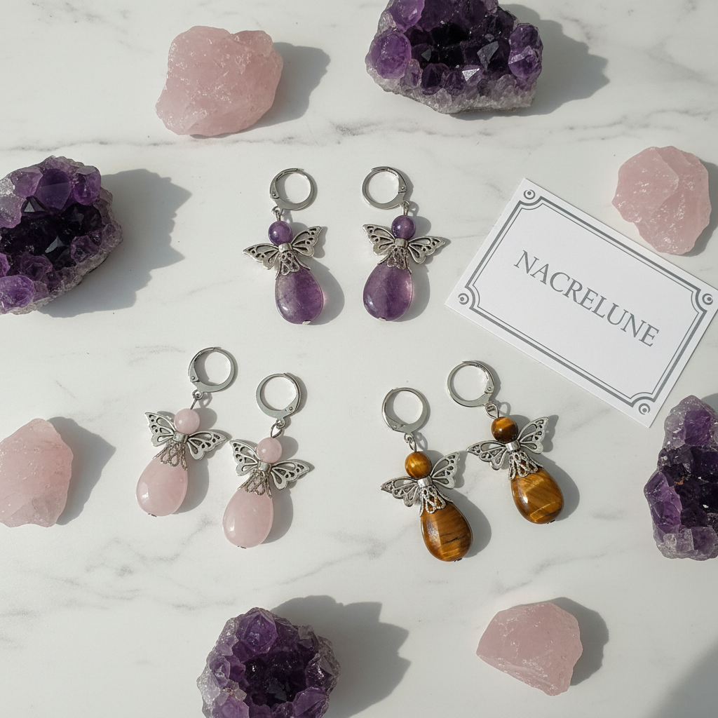 Boucles d'oreille Ange Gardien – Améthyste, Œil du Tigre ou Quartz Rose | NACRELUNE nacrelune.com boucles d'oreille