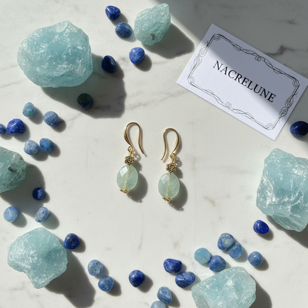 Boucles d'oreille en Aigue-Marine Facettée – Monture Dorée | NACRELUNE nacrelune.com boucles d'oreille