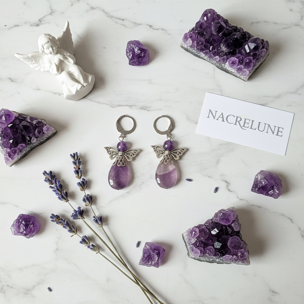 Boucles d'oreille Ange Gardien – Améthyste, Œil du Tigre ou Quartz Rose | NACRELUNE nacrelune.com boucles d'oreille