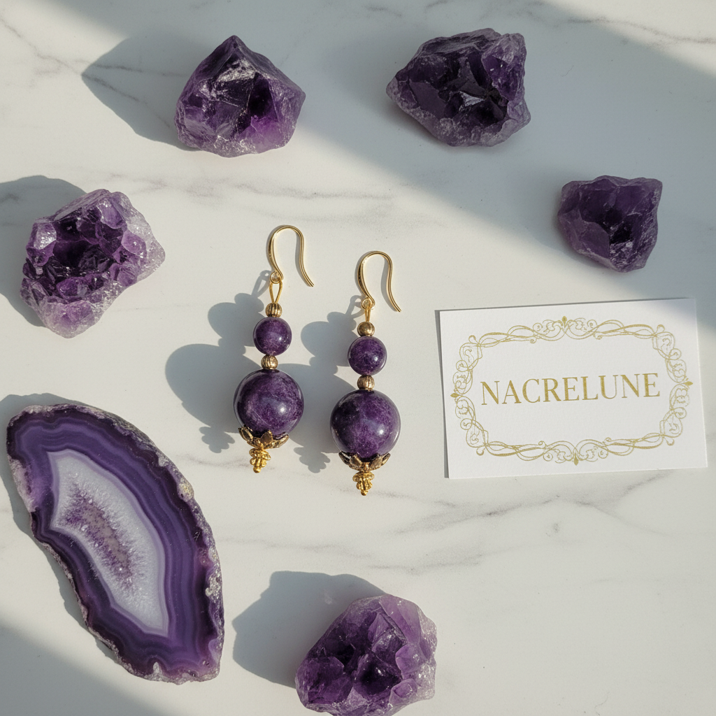Boucles d'oreille en Améthyste – Monture Dorée & Intuition | NACRELUNE nacrelune.com boucles d'oreille