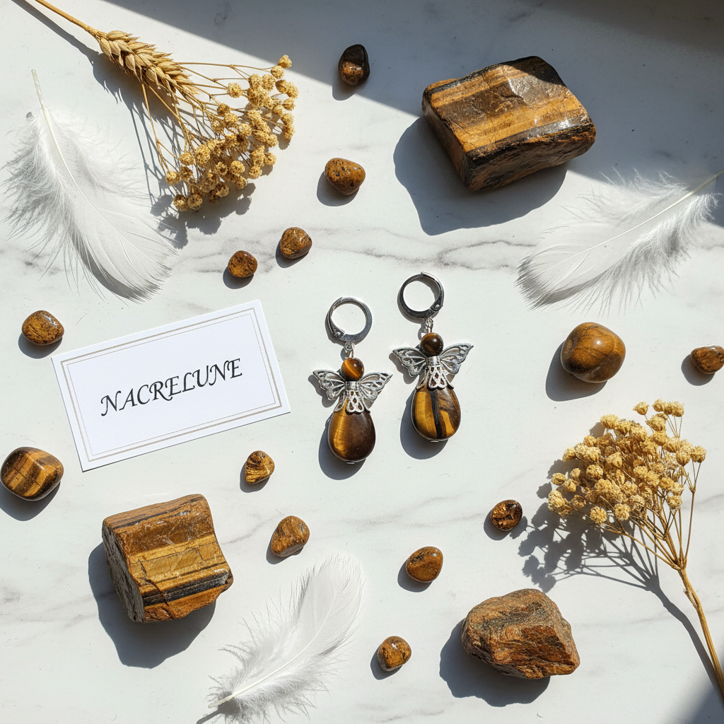 Boucles d'oreille Ange Gardien – Améthyste, Œil du Tigre ou Quartz Rose | NACRELUNE nacrelune.com boucles d'oreille
