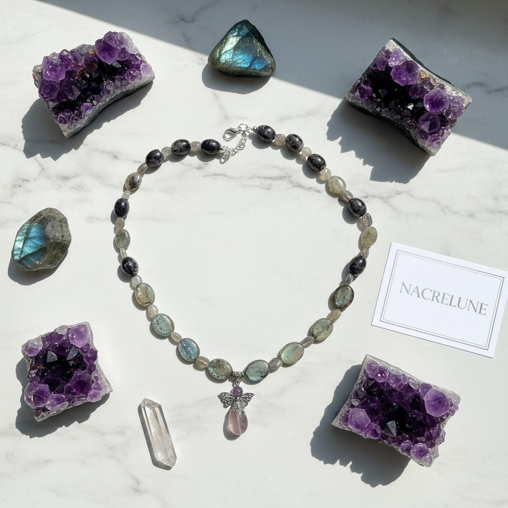 Collier Labradorite & Pendentif Ange Gardien en Améthyste | NACRELUNE nacrelune.com collier