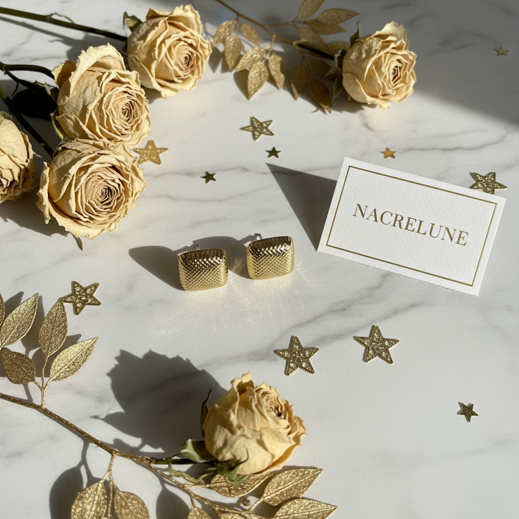 Boucles d'oreille Dorées Forme Carré – Micro-Reliefs & Éclat Luxe | NACRELUNE nacrelune.com boucles d'oreille