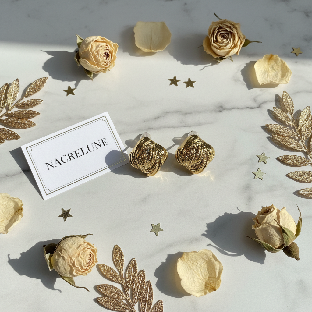 Boucles d'oreille Dorées Carrées Texturées – Torsade & Micro-Cristaux | NACRELUNE nacrelune.com boucles d'oreille