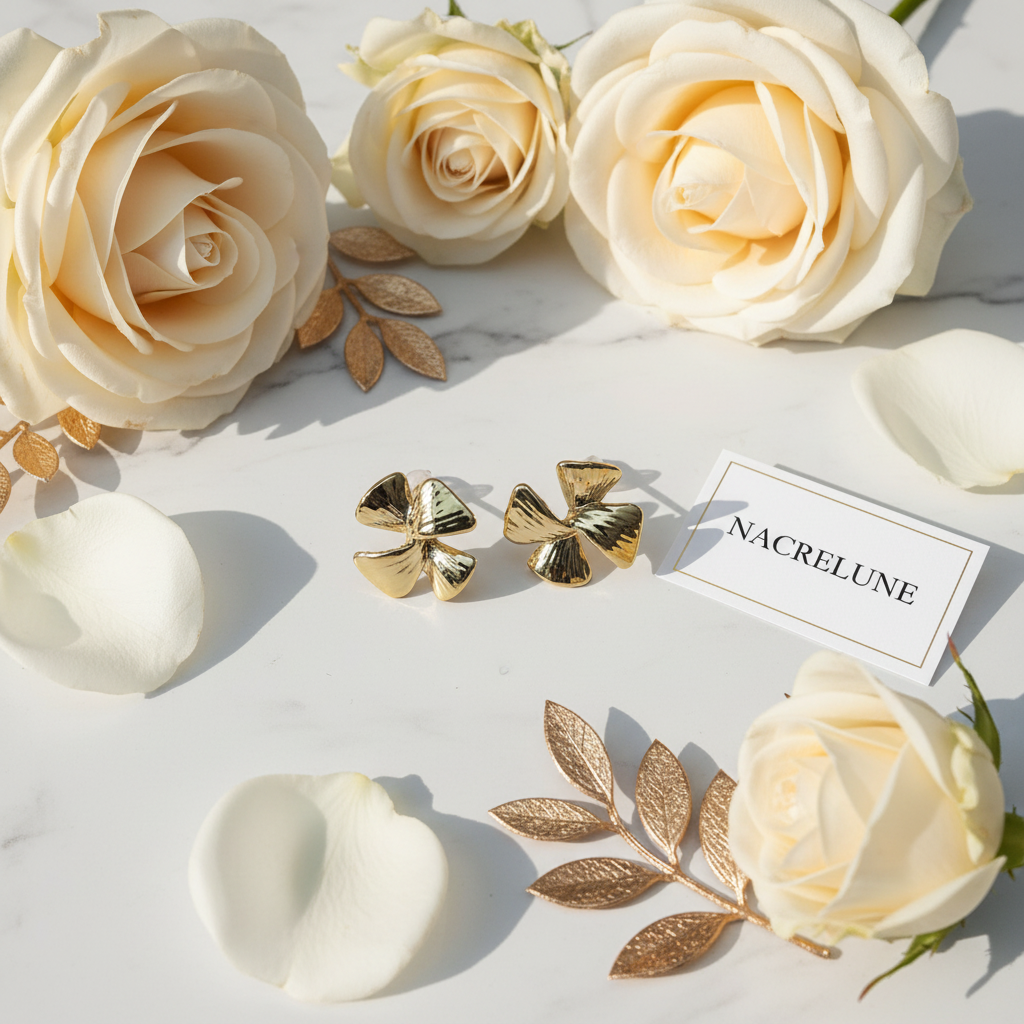 Boucles d'oreille Dorées Forme Fleur – Pétales Sculptés & Éclat Doré | NACRELUNE nacrelune.com boucles d'oreille