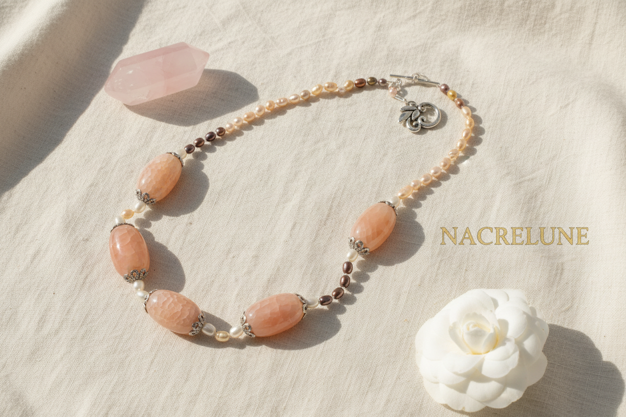 Collier en perles de culture avec grandes agates roses nacrelune.com collier