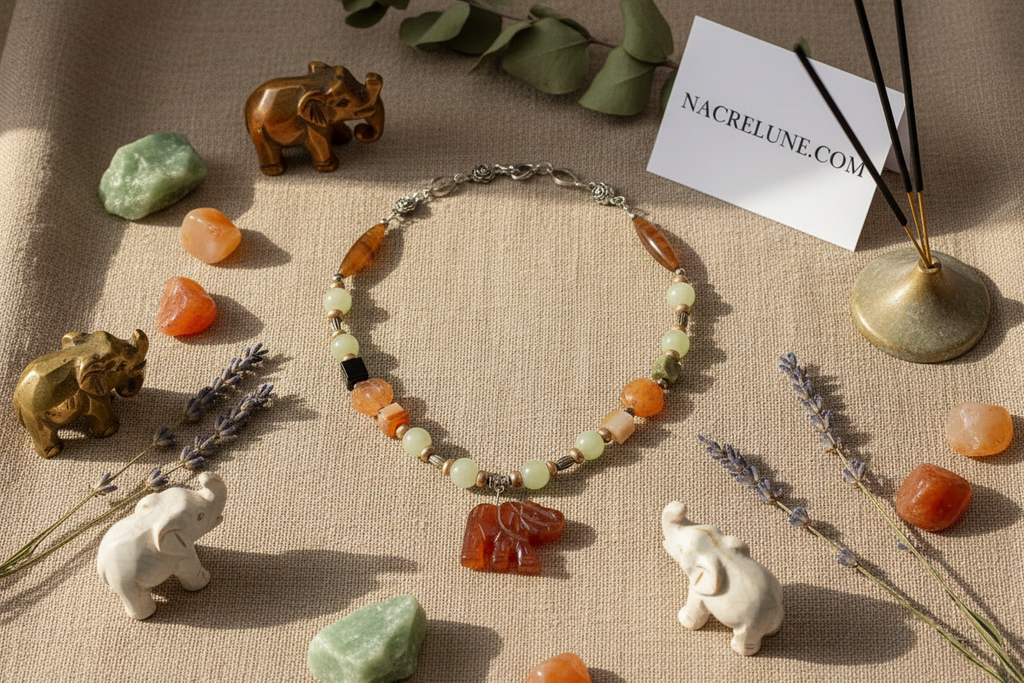 Collier en jade vert et agate cornaline avec éléphant sculpté nacrelune.com collier