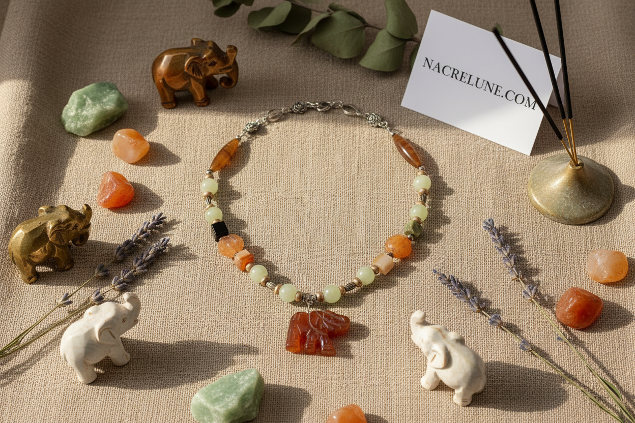 Collier en jade vert et agate cornaline avec éléphant sculpté nacrelune.com collier