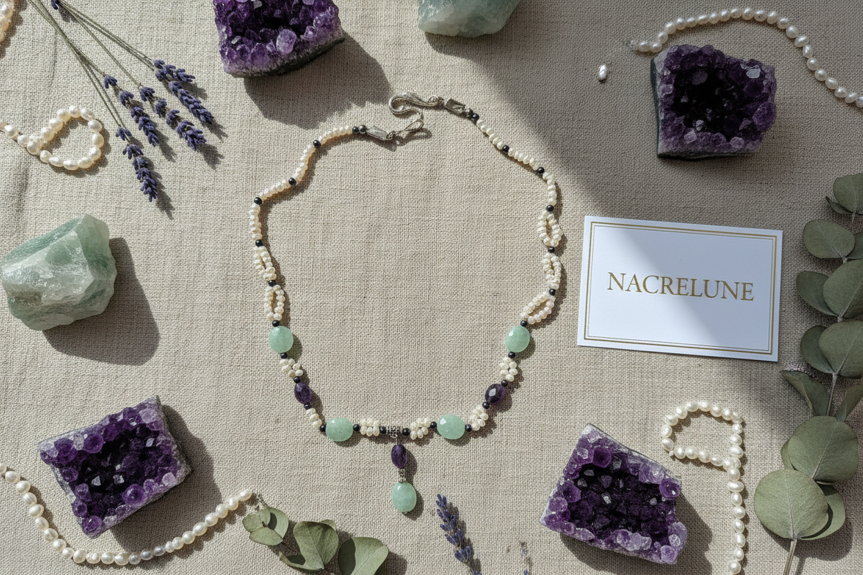 Collier en aigue marine, améthyste et perles de culture nacrelune.com collier
