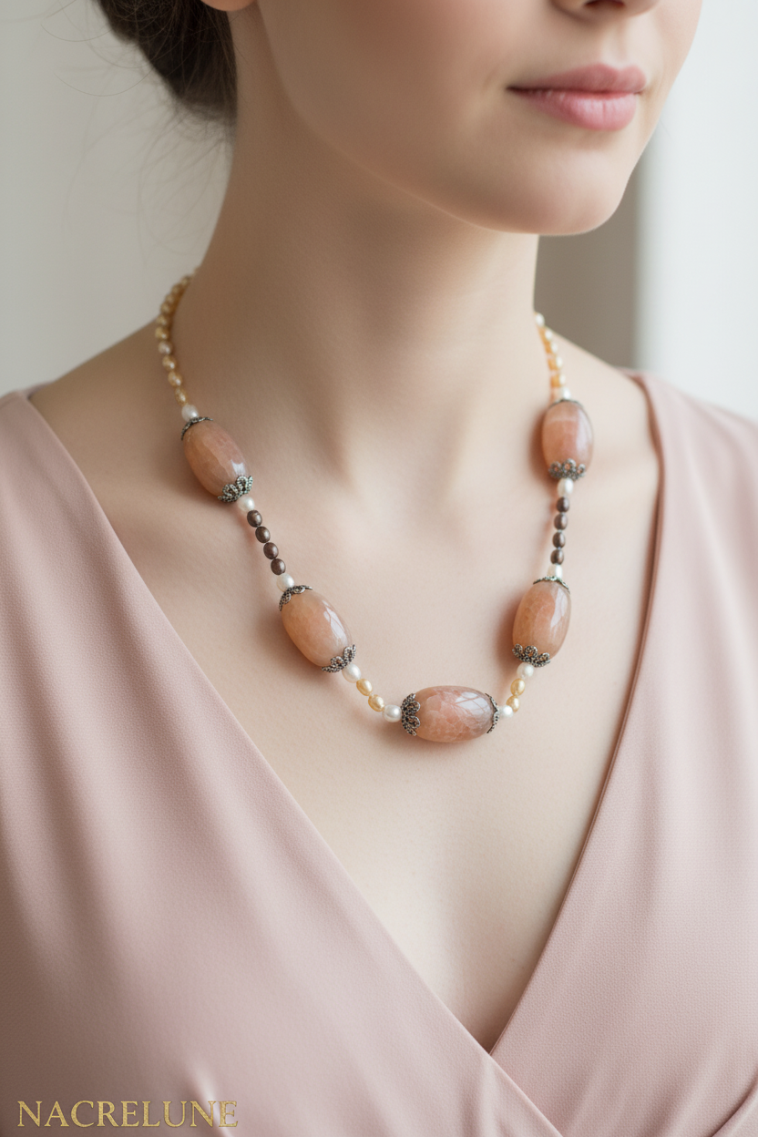 Collier en perles de culture avec grandes agates roses nacrelune.com collier