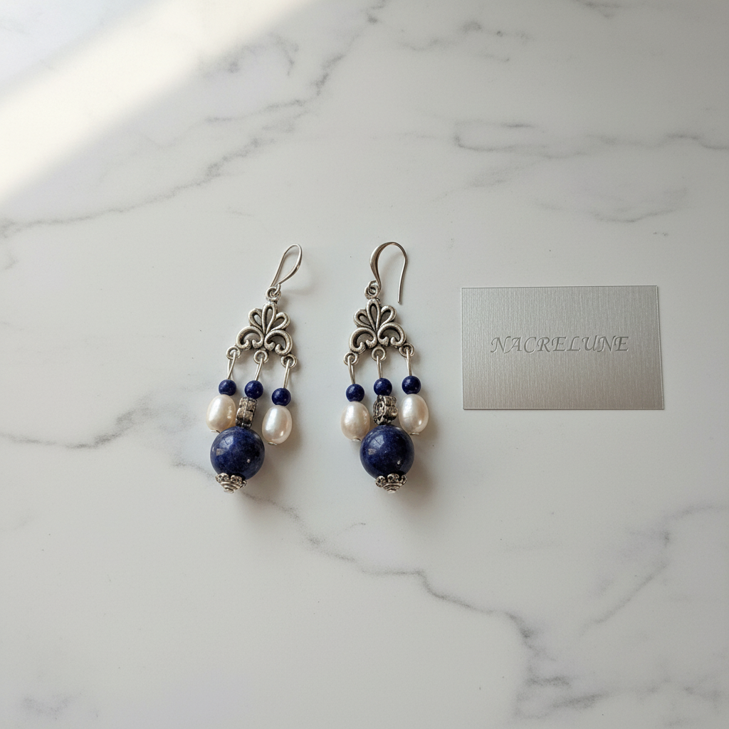 Boucles d'Oreille en Lapis Lazuli & Perles | Pierre de Sagesse nacrelune.com boucles d'oreille