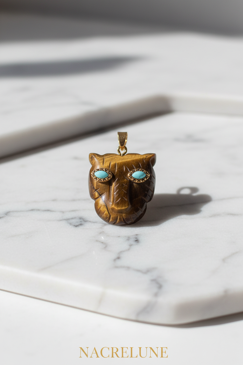 Pendentif Panthère Pierres Naturelles – Onyx, Malachite, Lapis Lazuli, Améthyste & Turquoise | Nacrelune Marron nacrelune.com pendentif