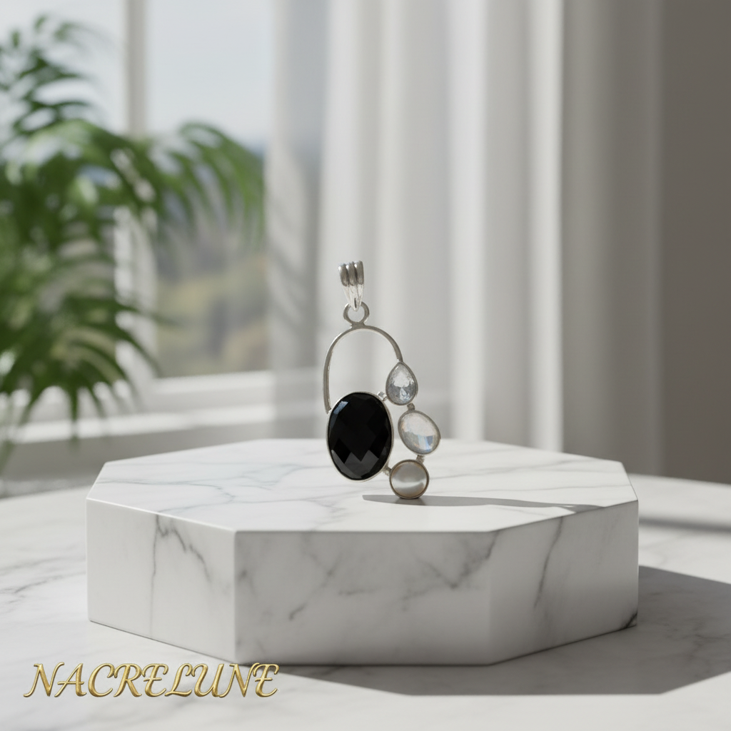 Pendentif en argent 925 avec onyx, perle et pierres de lune nacrelune.com pendentif