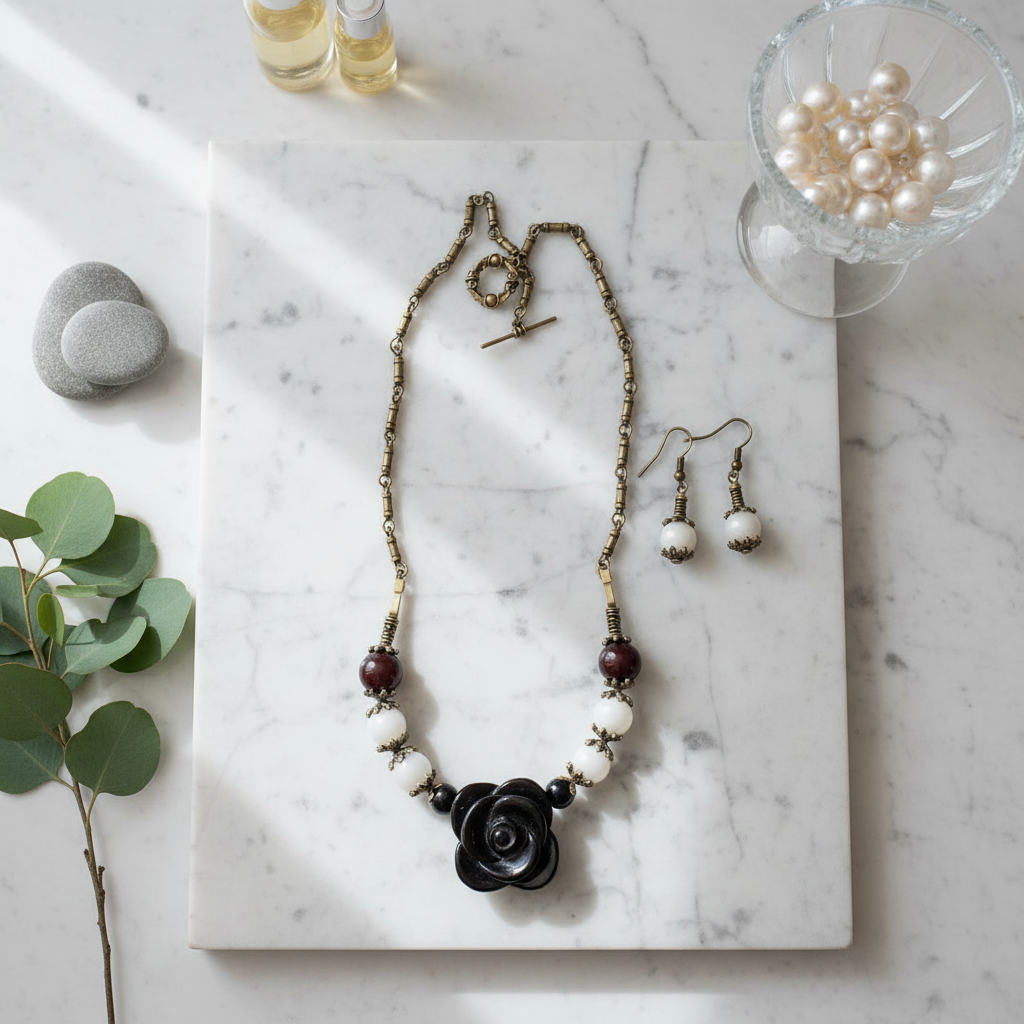 Parure en perles d'agates avec fleur en agate sculptée nacrelune.com parure