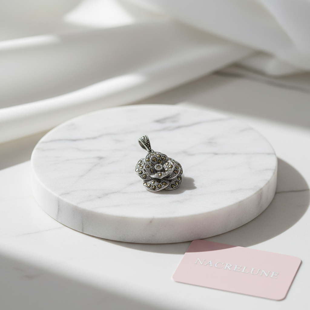 Pendentif Argent 925 & Marcassites | Rose Sculptée Art Déco – Nacrelune nacrelune.com pendentif