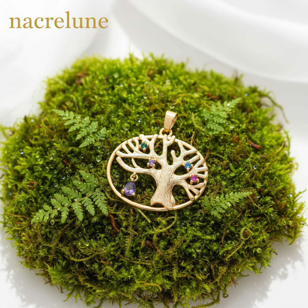 Pendentif arbre en laiton plaqué or avec zirconias multicolores NACRELUNE pendentif
