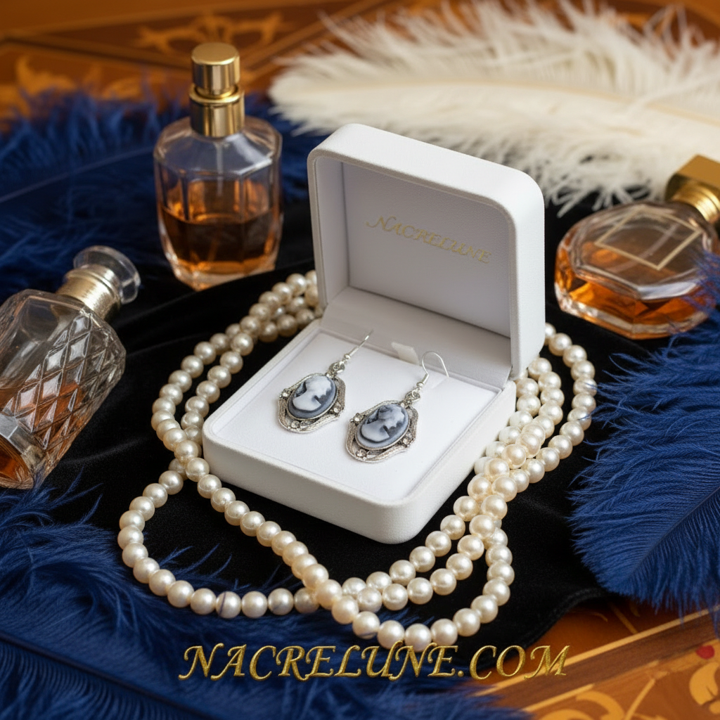 Boucles d'oreille fantaisie camée bleu strass gris nacrelune.com boucles d'oreille