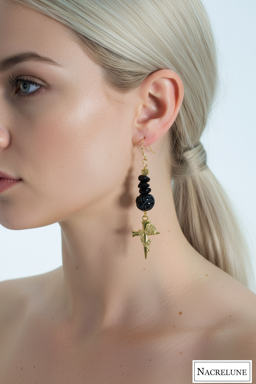 Boucles d'oreille en Onyx Sculpté – Croix Dorée à la Rose | NACRELUNE nacrelune.com boucles d'oreille