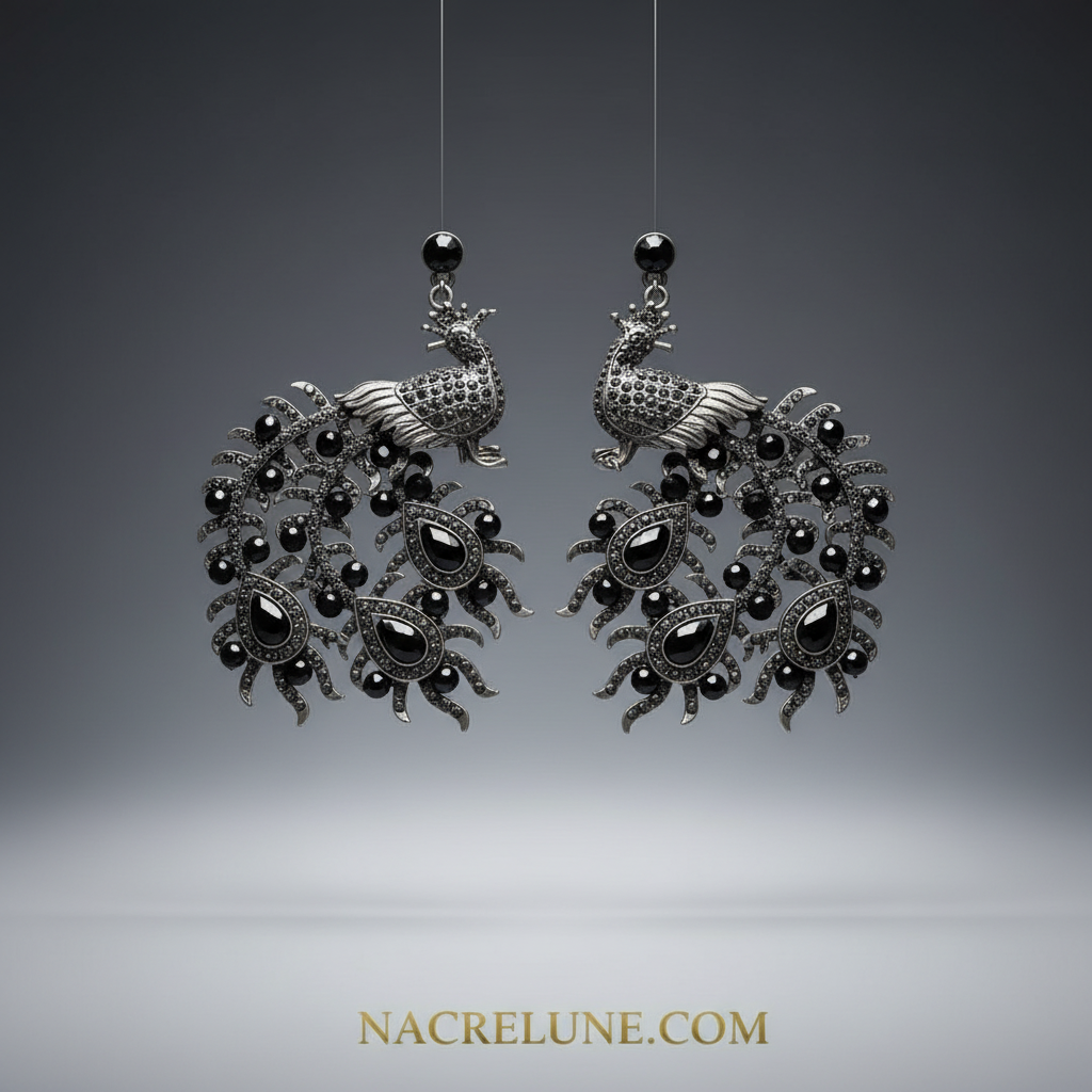 boucles d'oreille en strass en forme de paon noir nacrelune.com boucles d'oreille