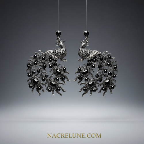 boucles d'oreille en strass en forme de paon noir nacrelune.com boucles d'oreille