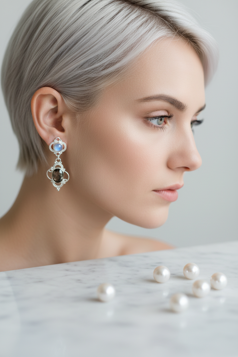 Boucles d'oreille en argent avec pierre lune et quartz fumé nacrelune.com boucles d'oreille