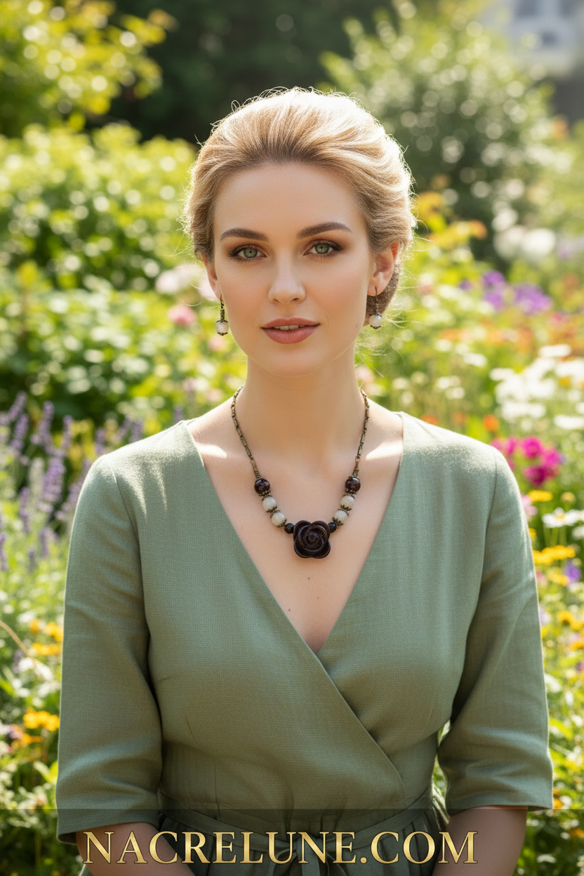 Parure en perles d'agates avec fleur en agate sculptée nacrelune.com parure