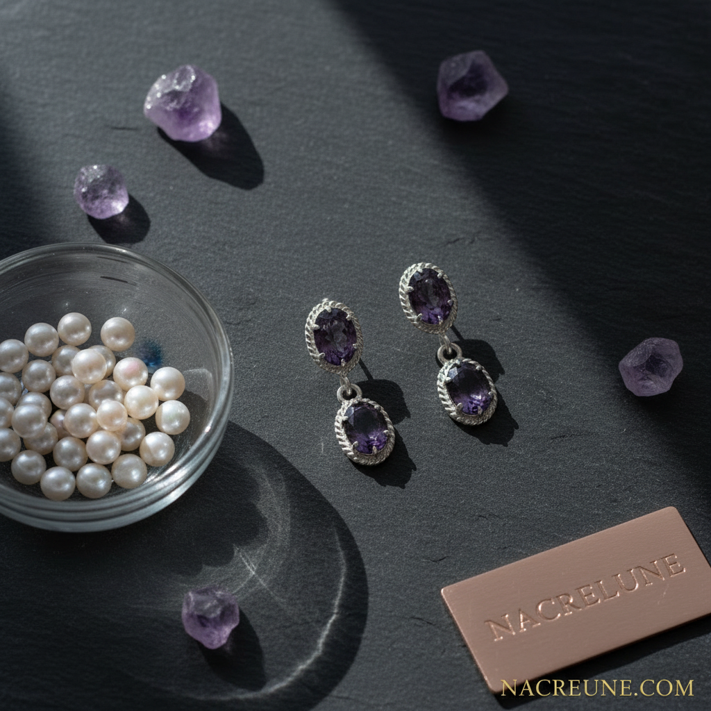 Boucles d'oreilles en argent et améthystes taillées nacrelune.com boucles d'oreille