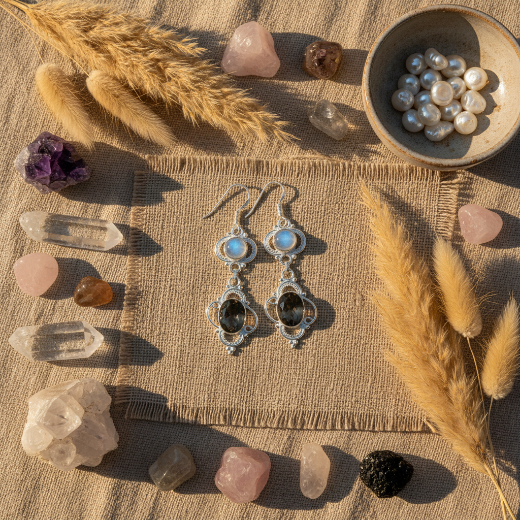 Boucles d'oreille en argent avec pierre lune et quartz fumé nacrelune.com boucles d'oreille