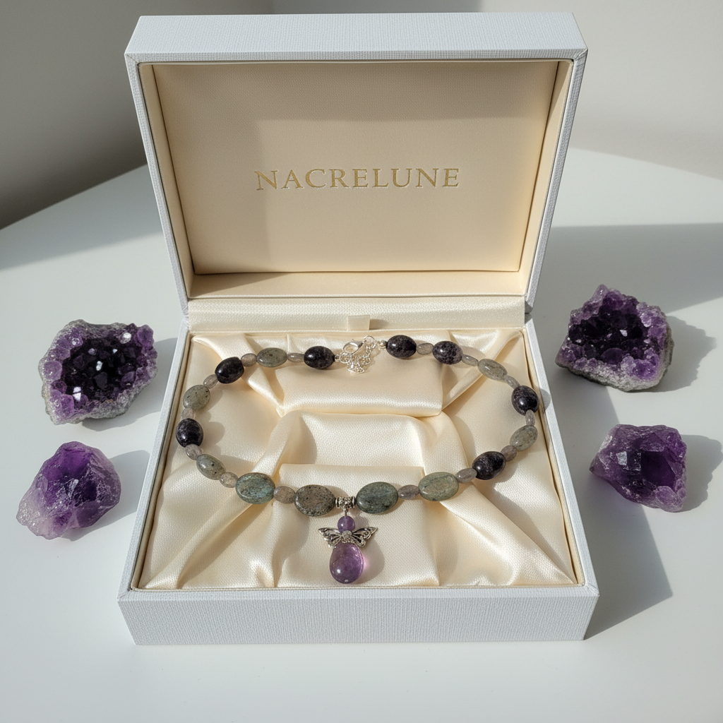 Collier Labradorite & Pendentif Ange Gardien en Améthyste | NACRELUNE nacrelune.com collier
