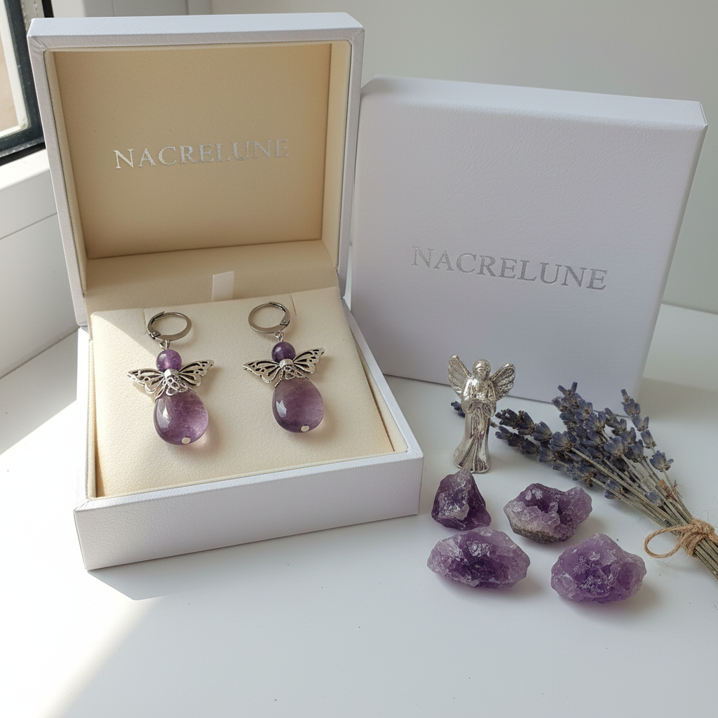 Boucles d'oreille Ange Gardien – Améthyste, Œil du Tigre ou Quartz Rose | NACRELUNE Violet nacrelune.com boucles d'oreille