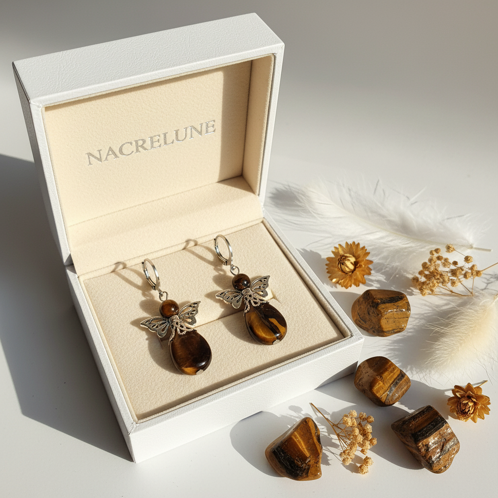 Boucles d'oreille Ange Gardien – Améthyste, Œil du Tigre ou Quartz Rose | NACRELUNE Marron nacrelune.com boucles d'oreille