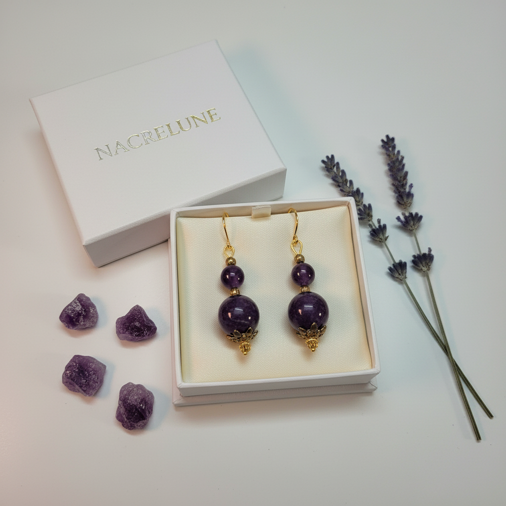Boucles d'oreille en Améthyste – Monture Dorée & Intuition | NACRELUNE nacrelune.com boucles d'oreille