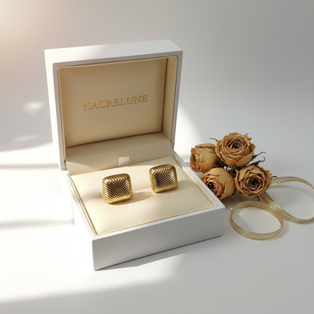 Boucles d'oreille Dorées Forme Carré – Micro-Reliefs & Éclat Luxe | NACRELUNE nacrelune.com boucles d'oreille