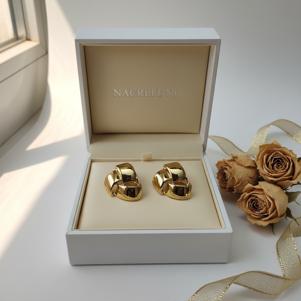 Boucles d'oreille Dorées Forme Tripartite – Nœud Sculpté & Éclat Luxe | NACRELUNE nacrelune.com boucles d'oreille