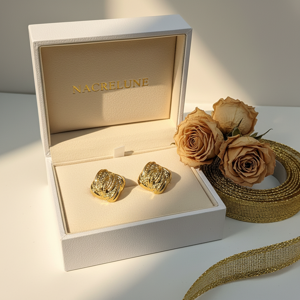 Boucles d'oreille Dorées Carrées Texturées – Torsade & Micro-Cristaux | NACRELUNE nacrelune.com boucles d'oreille