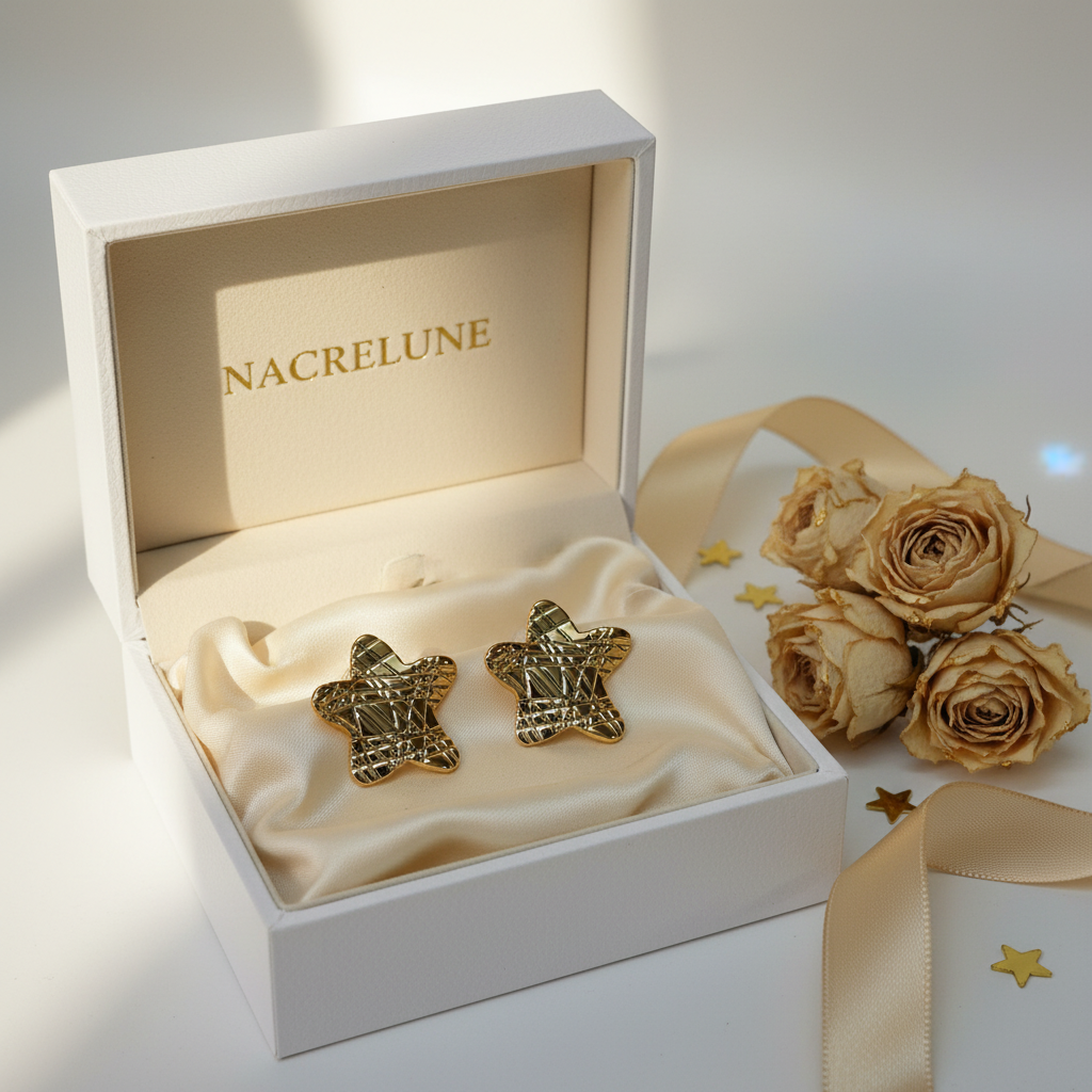 Boucles d'oreille Dorées Forme Étoile – Texture Croco & Éclat Céleste | NACRELUNE nacrelune.com boucles d'oreille