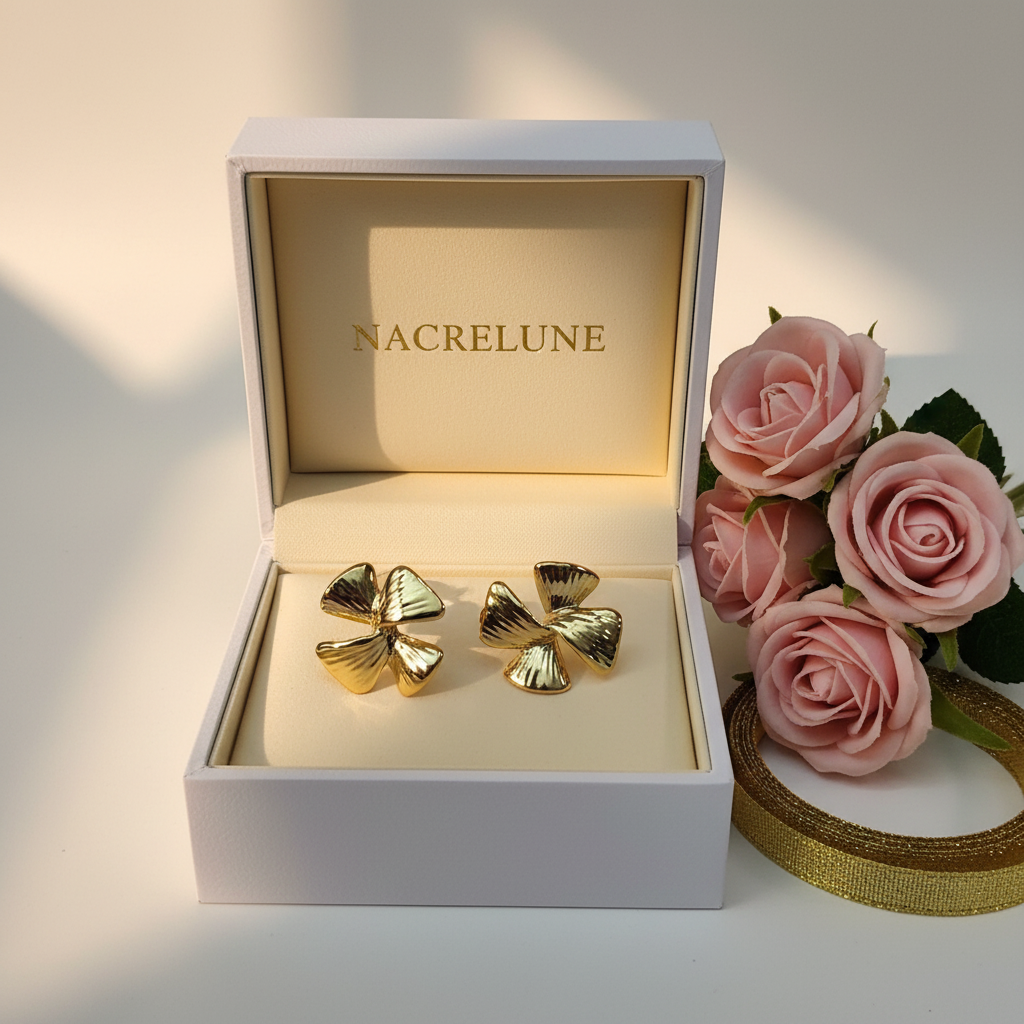 Boucles d'oreille Dorées Forme Fleur – Pétales Sculptés & Éclat Doré | NACRELUNE nacrelune.com boucles d'oreille