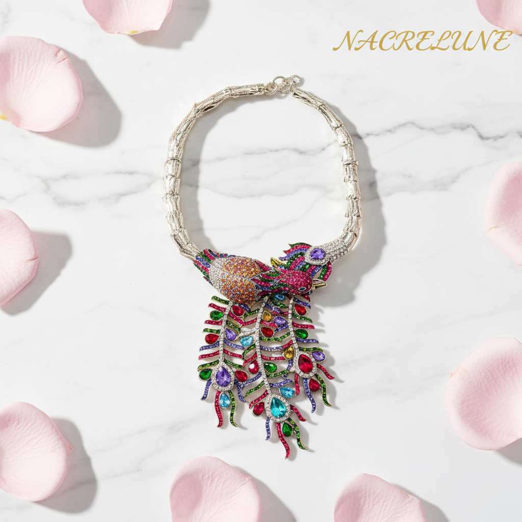 Collier en strass multicolores représentant un paon monté sur métal argenté nacrelune.com collier