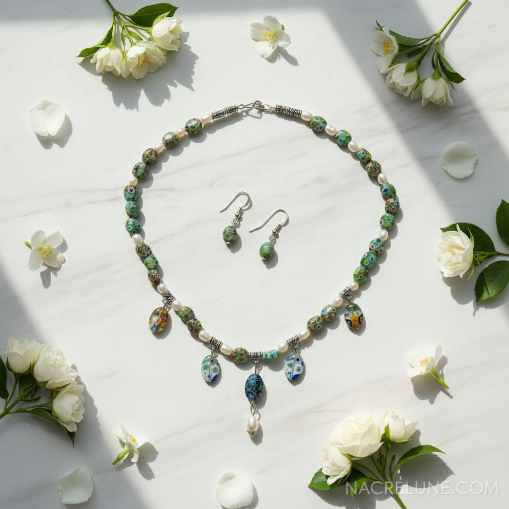 Parure en perles de verre millefiori et perles de culture nacrelune.com parure