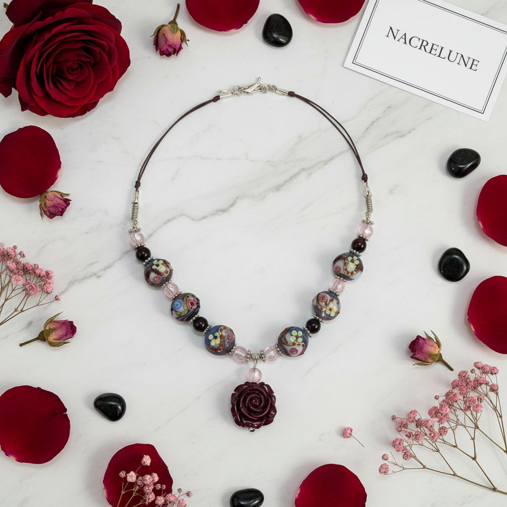 collier en perles de verre et rose en resine nacrelune.com collier