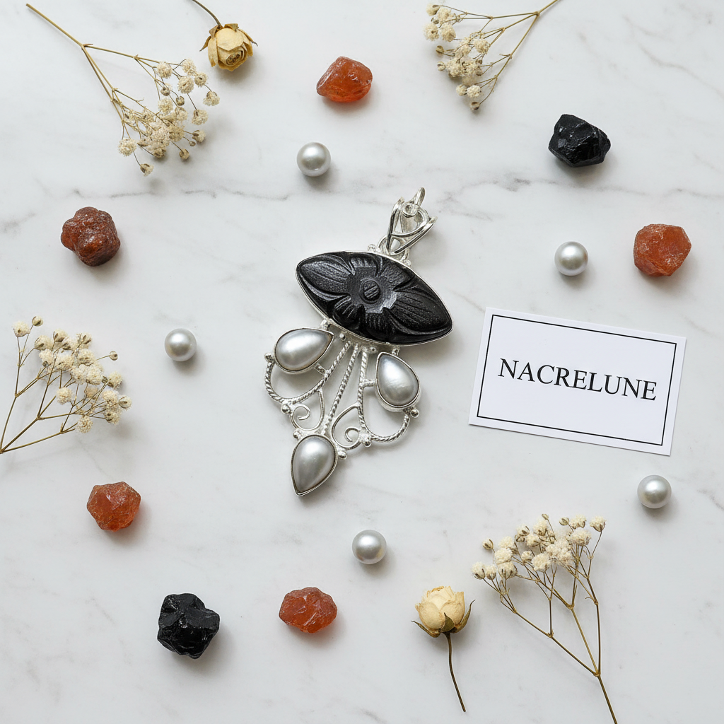 Pendentif Pierre de Soleil Noire Sculptée & Perles — Argent 925 | NACRELUNE nacrelune.com pendentif